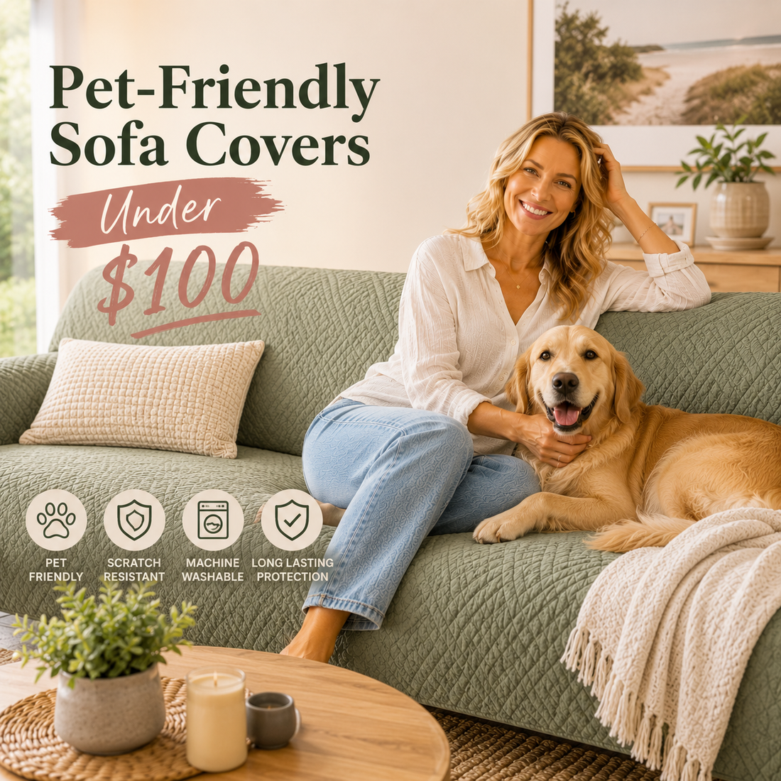 Pet-friendly sofa cover styled in a US family living room with pets and everyday use
