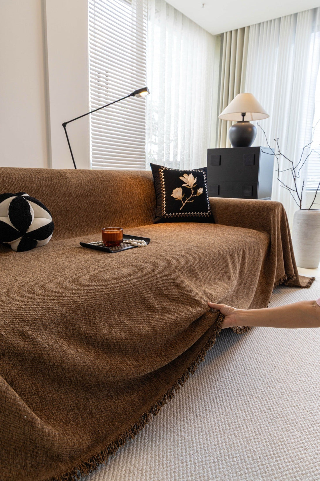 Sofa Decor Milano Ribbed Fringe Sofa Throw Cover styled for sofa cover styling and colour guide in Australian homes