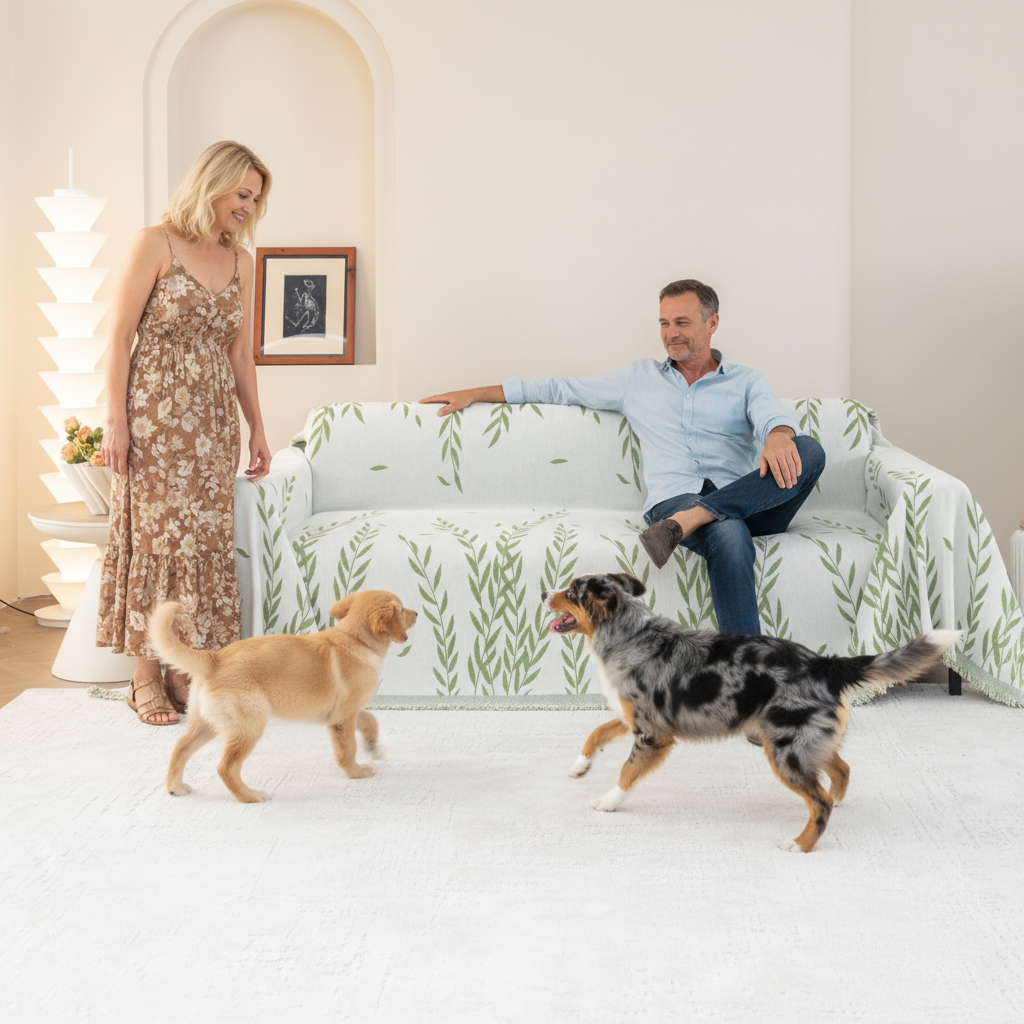 Sofa Decor Oliva Leaf Fringe Sofa Throw Cover styled for pet friendly sofa cover guide in Australian homes