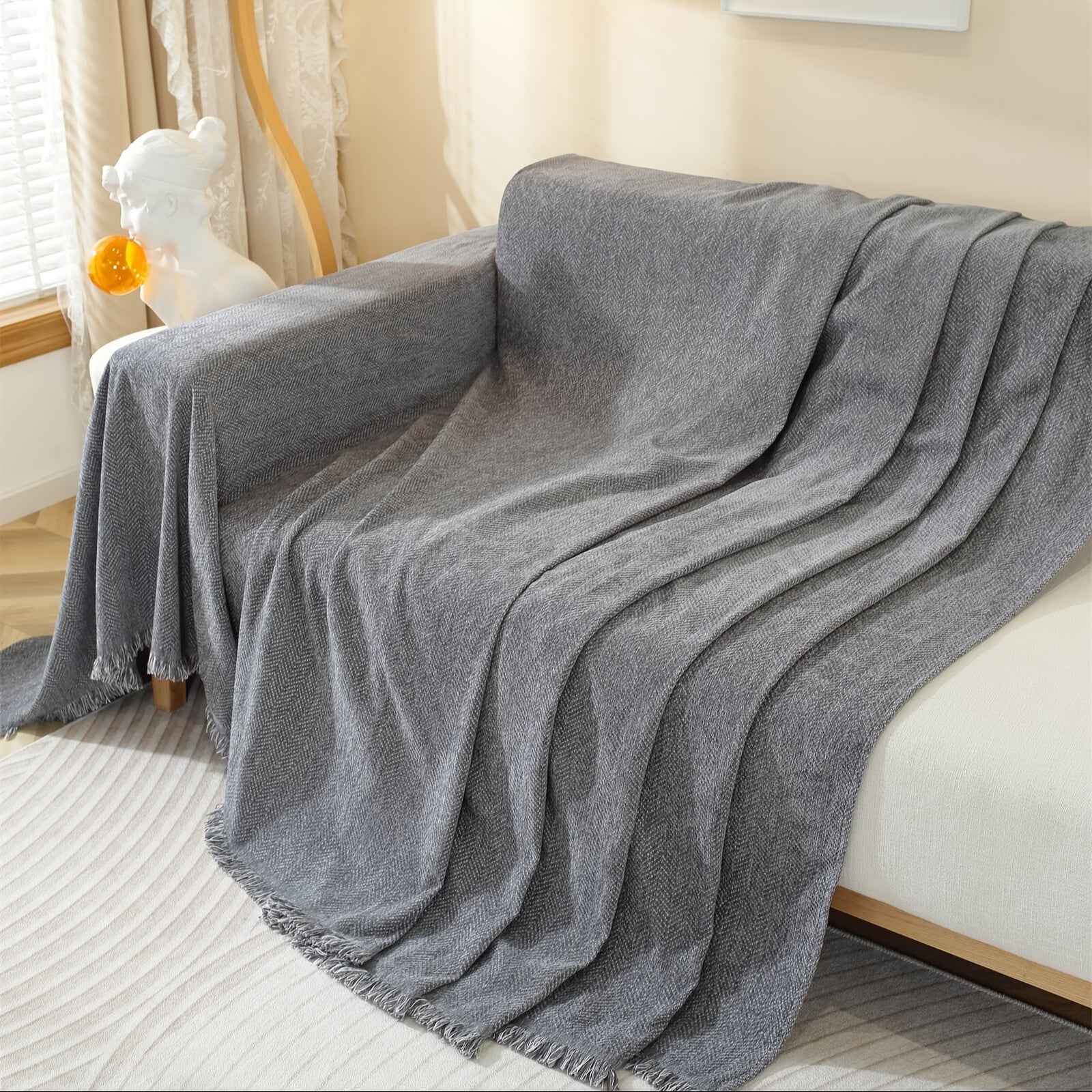 Decor Cedar Slate Chenille Tassel Sofa Cover lifestyle product image for weather resistant sofa cover in United States - Pet-Friendly