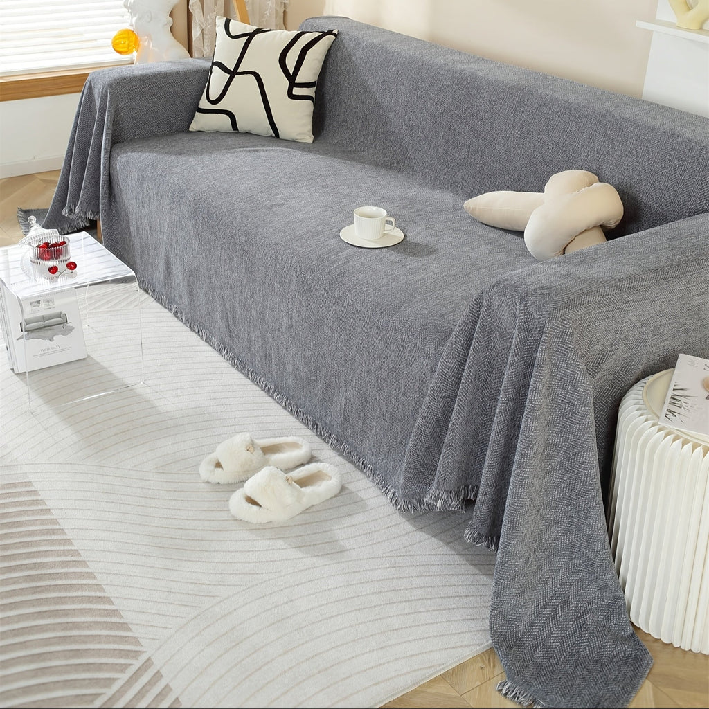 Decor Cedar Slate Chenille Tassel Sofa Cover lifestyle product image for weather resistant sofa cover in United States
