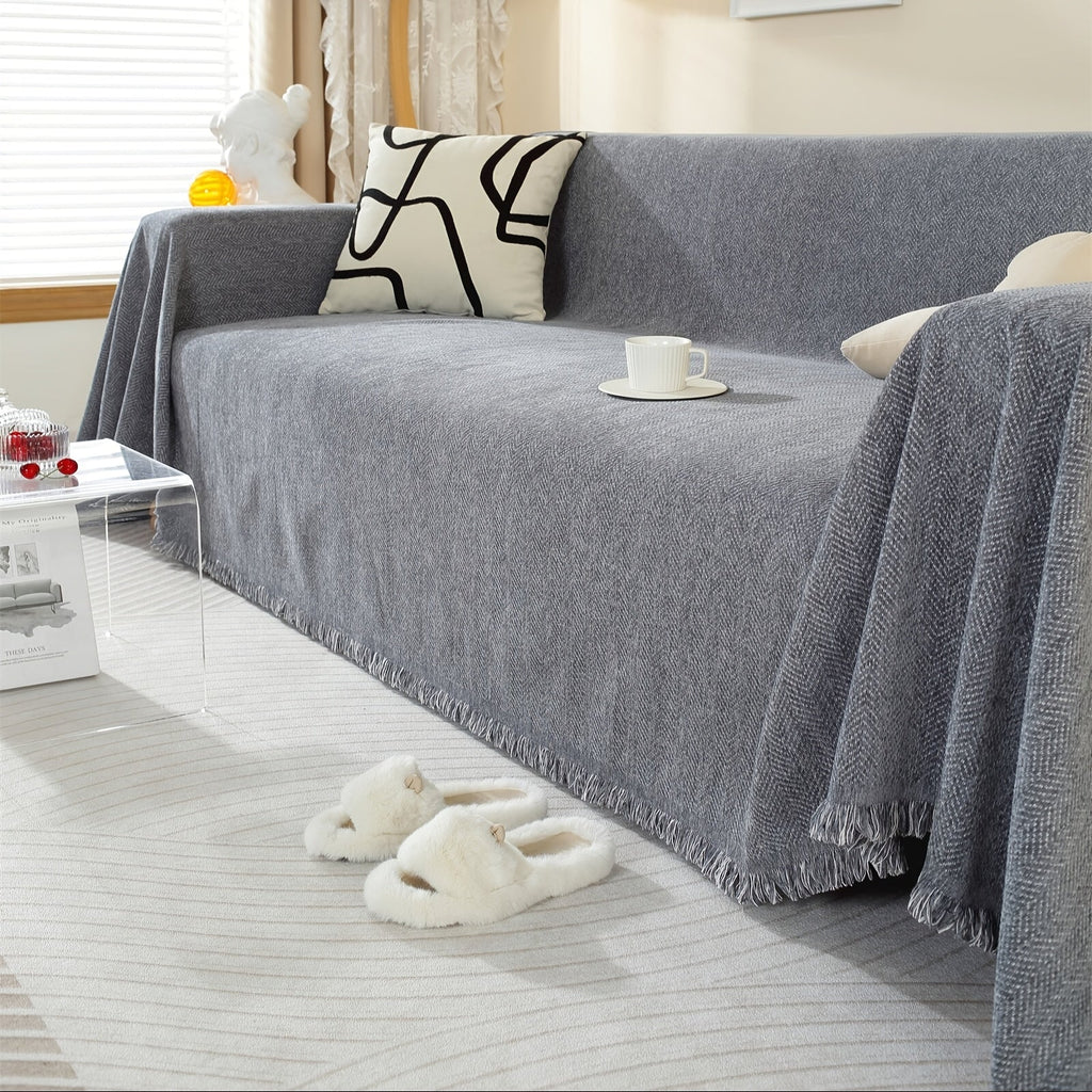 Decor Cedar Slate Chenille Tassel Sofa Cover detail product image for weather resistant sofa cover in United States - Pet-Friendly