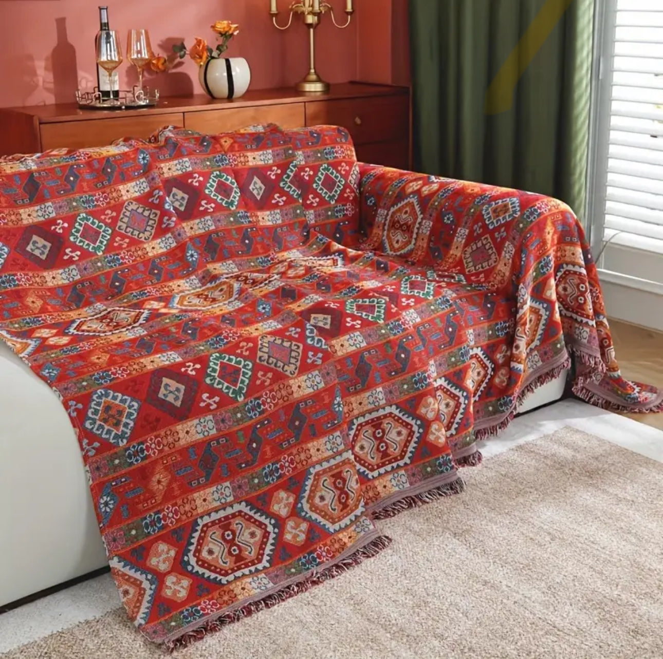 Decor Cedar Valencia Red Boho Sofa Cover stretch sofa cover in United States - color and texture view 7