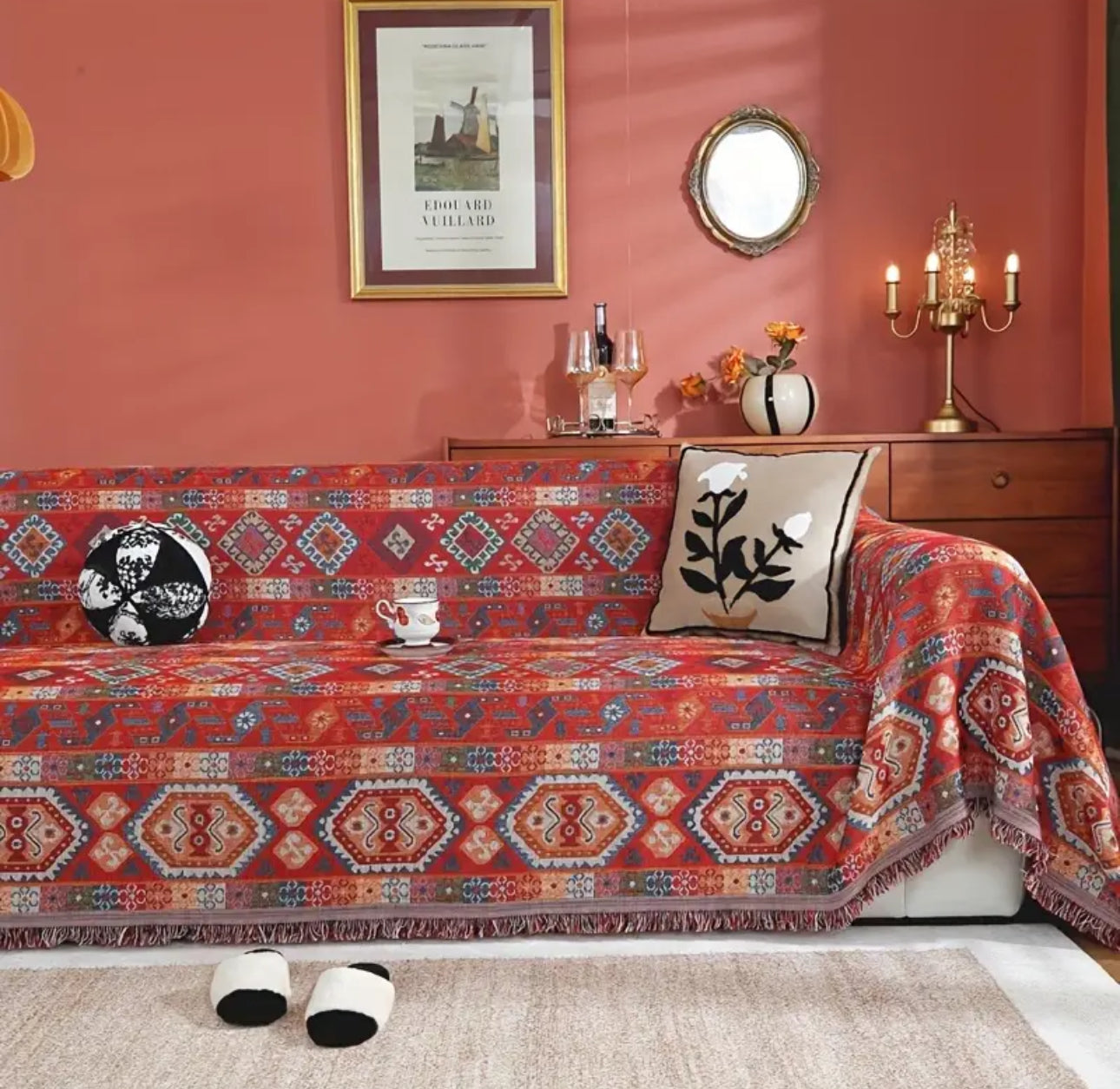 Decor Cedar Valencia Red Boho Sofa Cover stretch sofa cover in United States - color and texture view 6