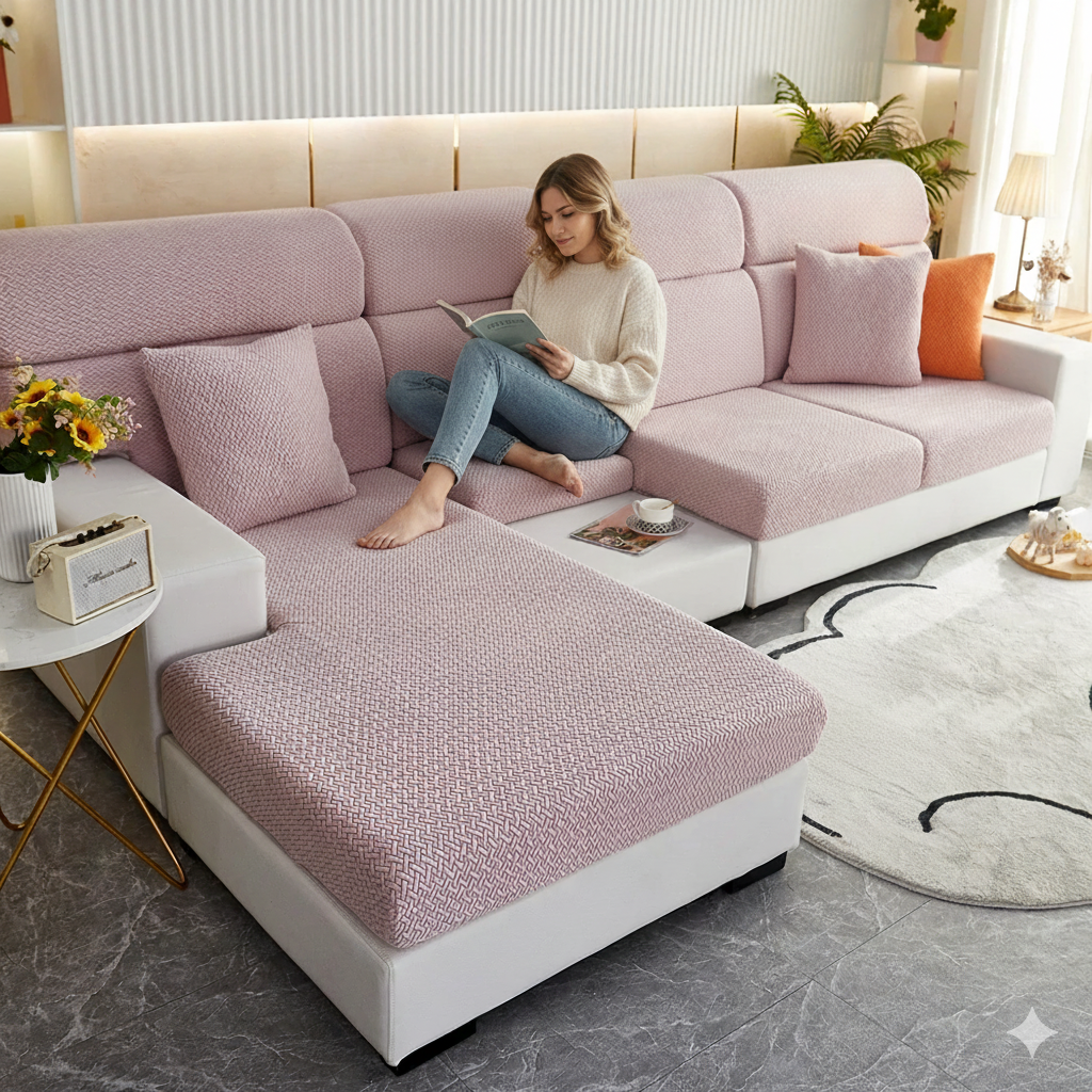 Decor Cedar Milan Twill Stretch Sofa Slipcover lifestyle product image for jacquard sofa slipcover in United States - 10 color, 1 size