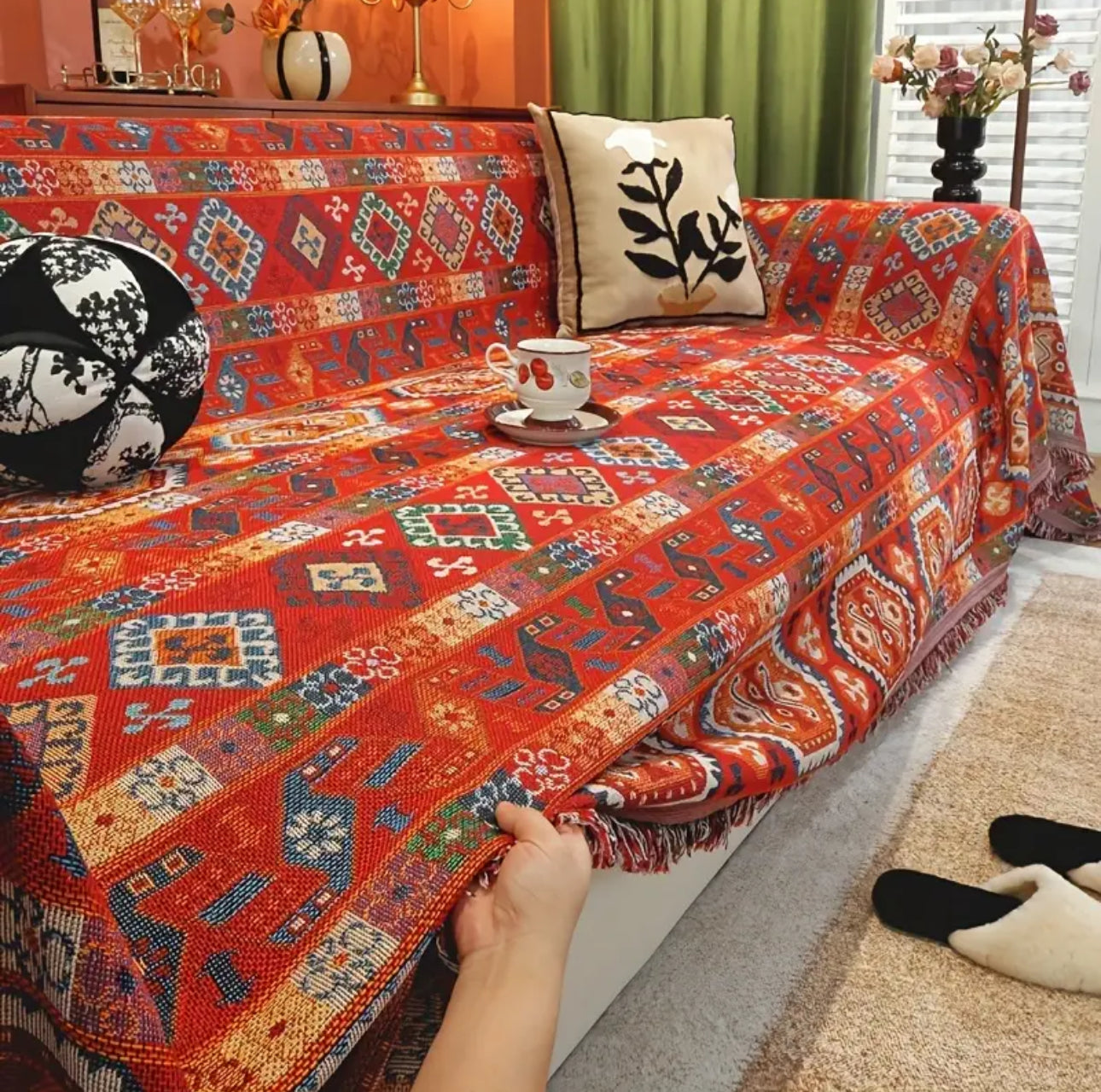 Decor Cedar Valencia Red Boho Sofa Cover stretch sofa cover in United States - color and texture view 8