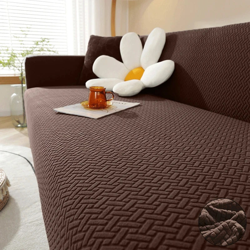 Decor Cedar Verona Geometric Stretch Sofa Cover detail product image for jacquard sofa cover in United States - Coffee / 3 Seater 185-230cm