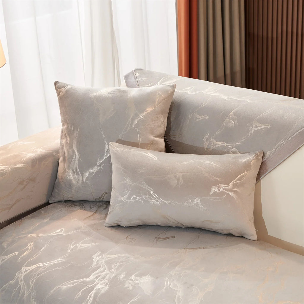 Decor Cedar Noira Marble Velvet Sofa Cover lifestyle product image for stretch sofa cover in United States - Light Gray / 70X120cm