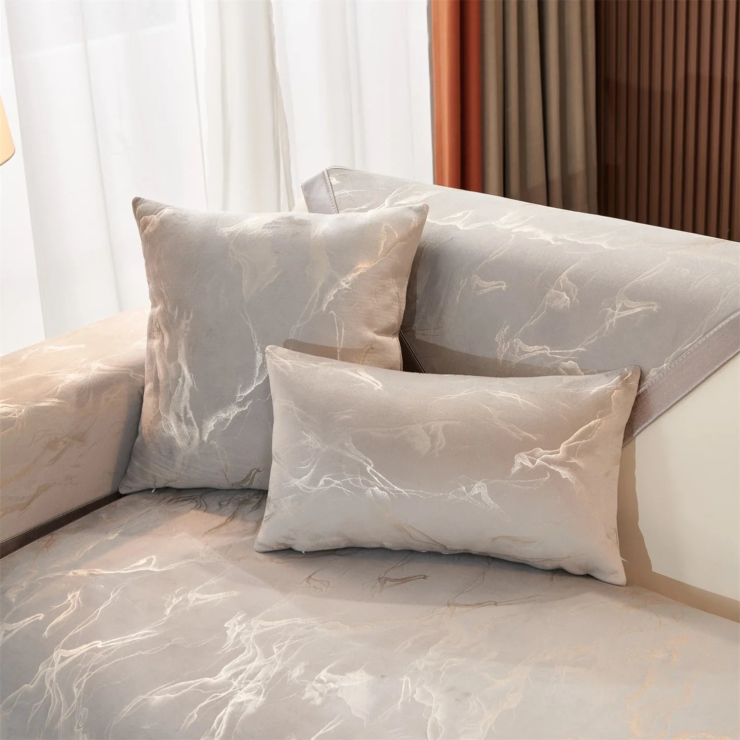 Decor Cedar Noira Marble Velvet Sofa Cover lifestyle product image for stretch sofa cover in United States - Light Gray / 70X120cm
