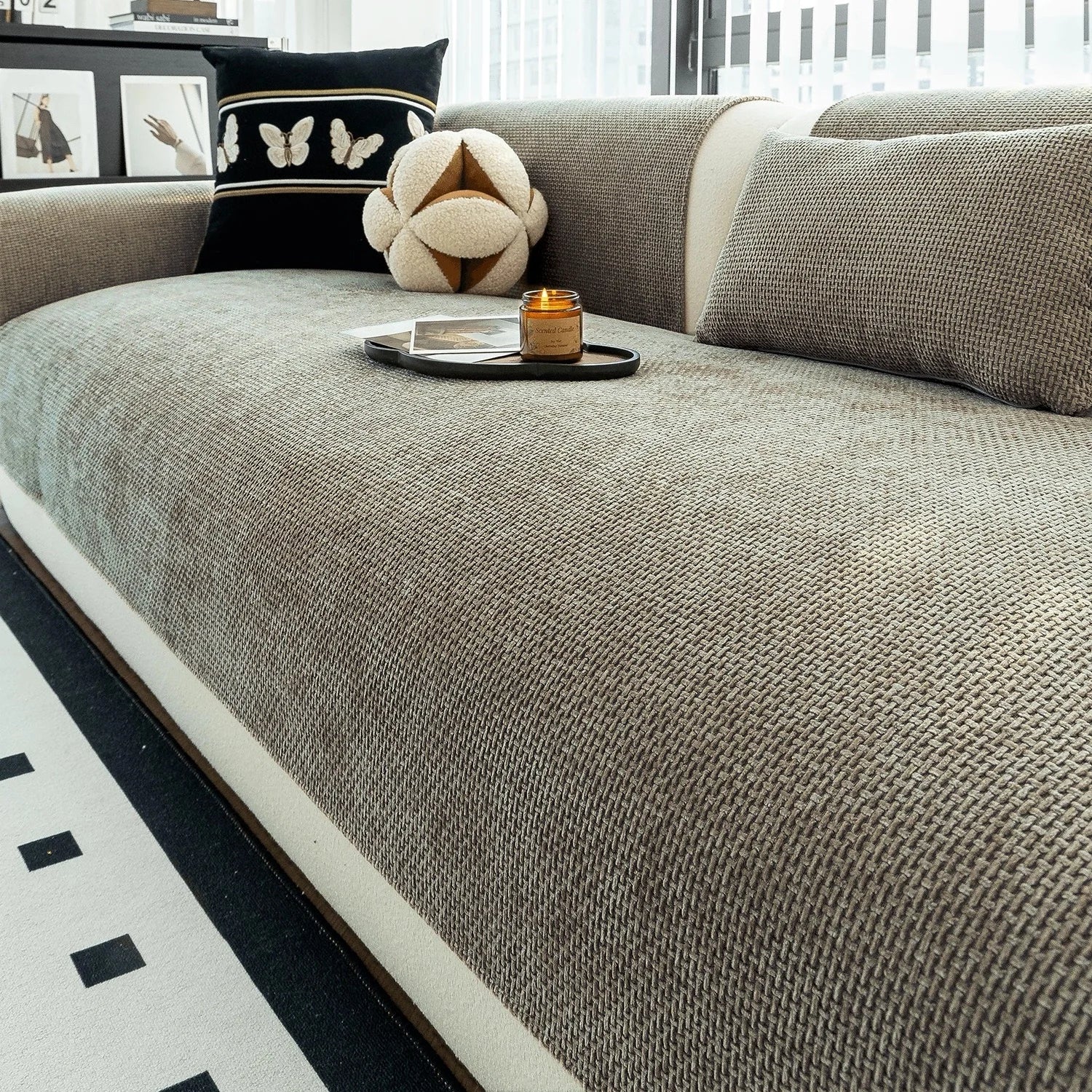 Decor Cedar Oslo Minimal Jacquard Sofa Cover lifestyle product image for jacquard sofa cover in United States - Gray / 70*70cm