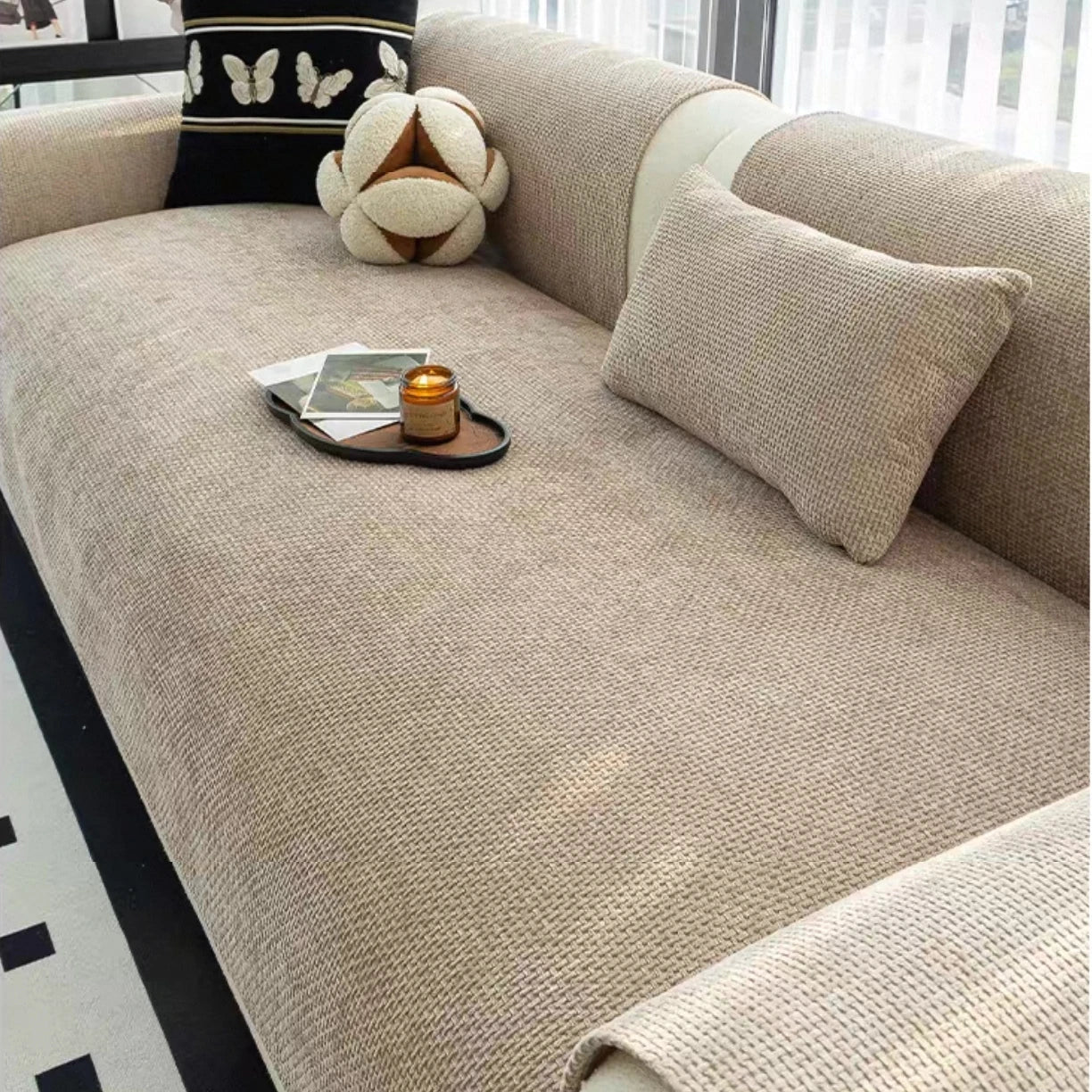 Decor Cedar Oslo Minimal Jacquard Sofa Cover lifestyle product image for jacquard sofa cover in United States - Gray / 90*240cm