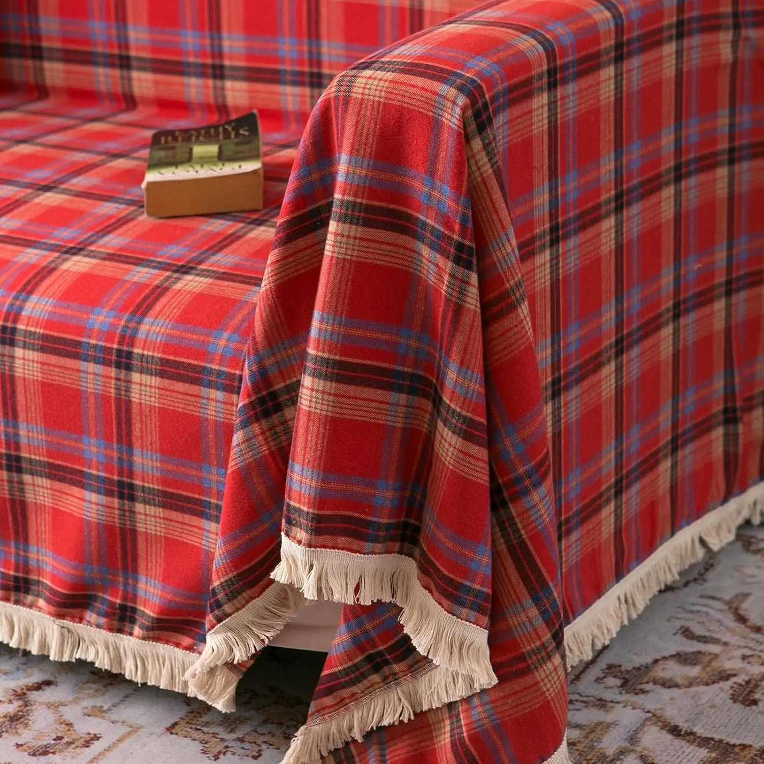 Decor Cedar Harper Plaid Sofa Cover lifestyle product image for stretch sofa cover in United States - green plaid / 180x300cm