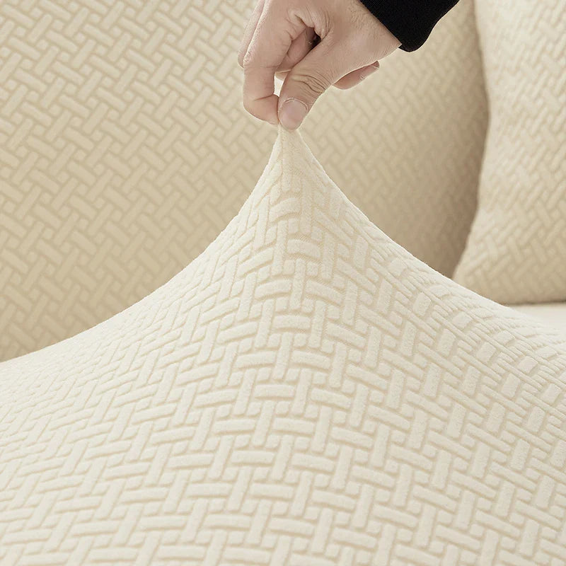 Decor Cedar Verona Geometric Stretch Sofa Cover lifestyle product image for jacquard sofa cover in United States - Khaki3 / 3 Seater 185-230cm