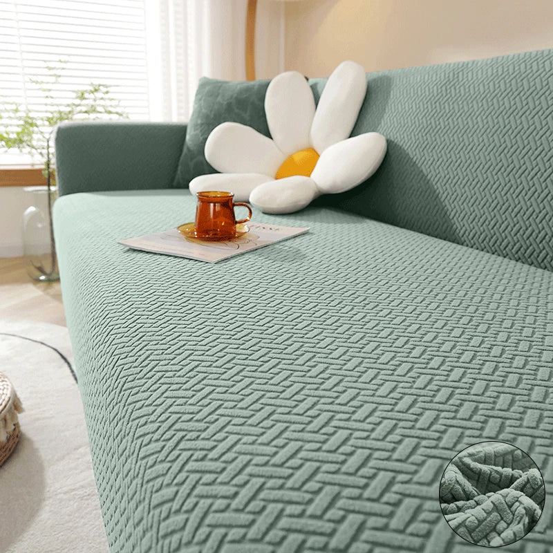 Decor Cedar Verona Geometric Stretch Sofa Cover lifestyle product image for jacquard sofa cover in United States - Lake Blue / 4 Seater 230-300cm