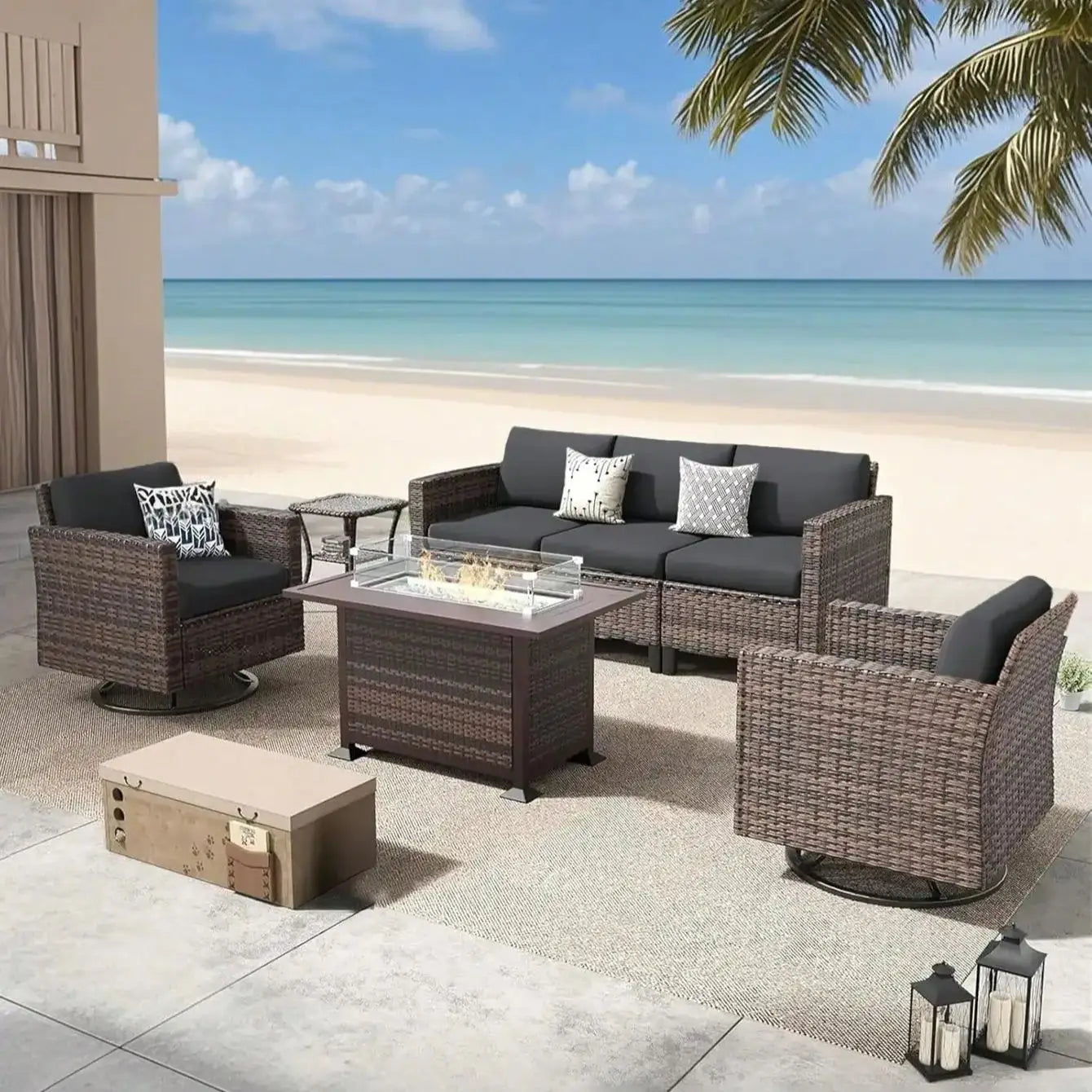 Decor Cedar Palm Cove Tropical Outdoor Cushion Covers lifestyle product image for weather resistant sofa cushion cover in United States - dark gray / PLUS L