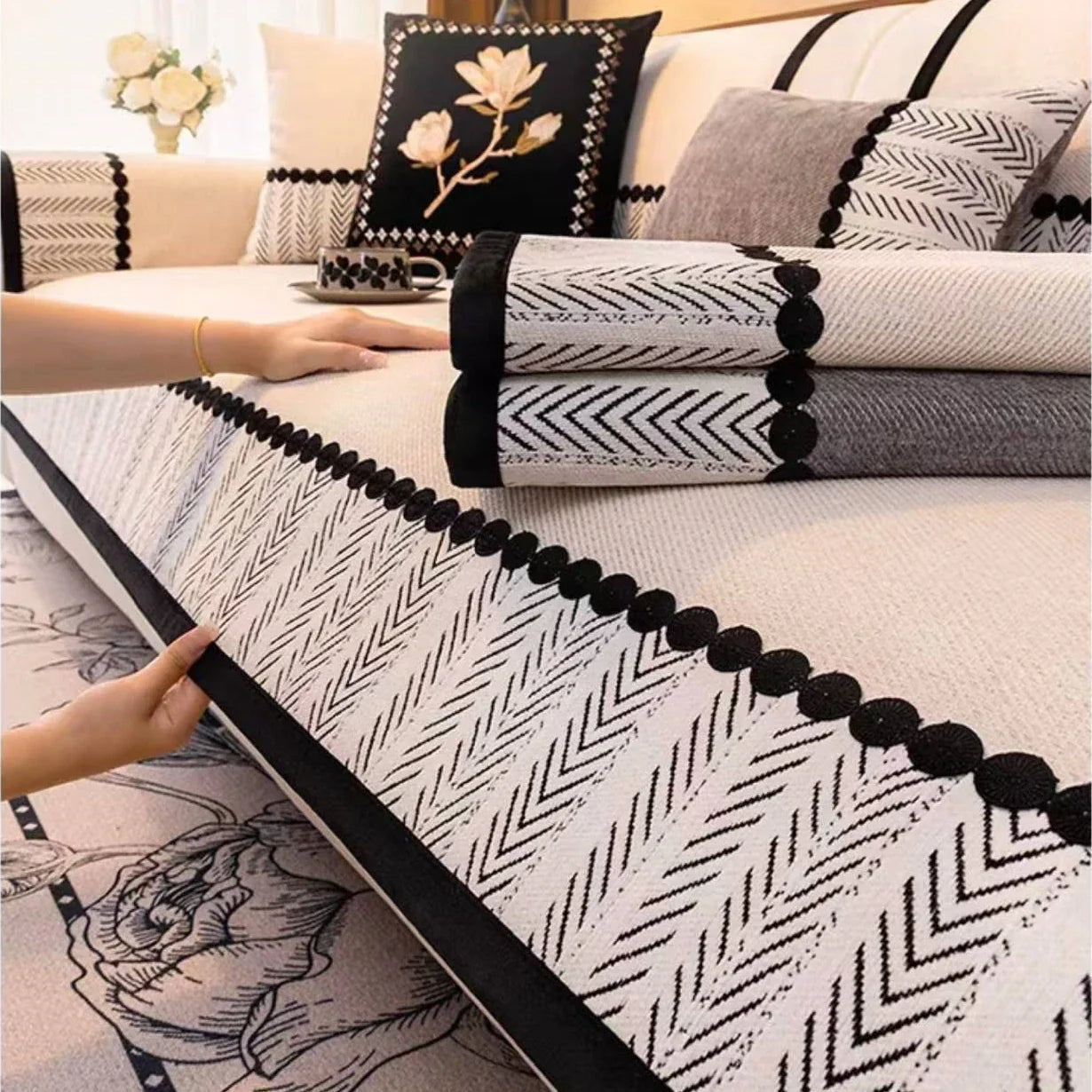 Decor Cedar Marlow Chenille Sofa Seat Cover lifestyle product image for chenille sofa cushion cover in United States - Beige / 70x180cm