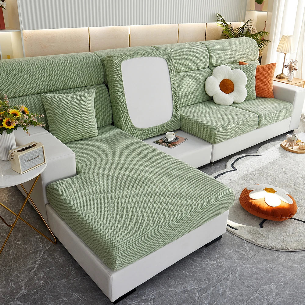 Decor Cedar Milan Twill Stretch Sofa Slipcover lifestyle product image for jacquard sofa slipcover in United States - 14 color, 1 size