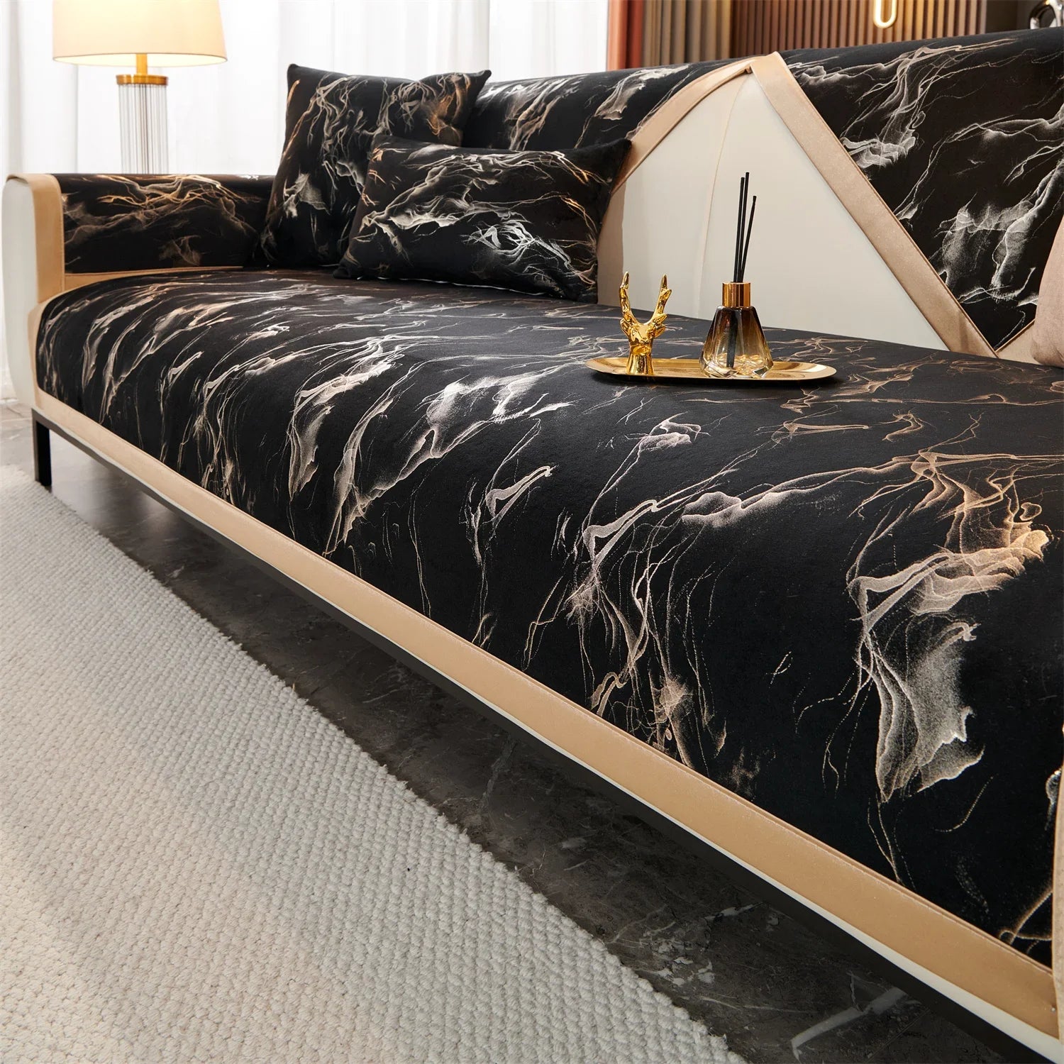 Decor Cedar Noira Marble Velvet Sofa Cover lifestyle product image for stretch sofa cover in United States - Light Green / 70X210cm