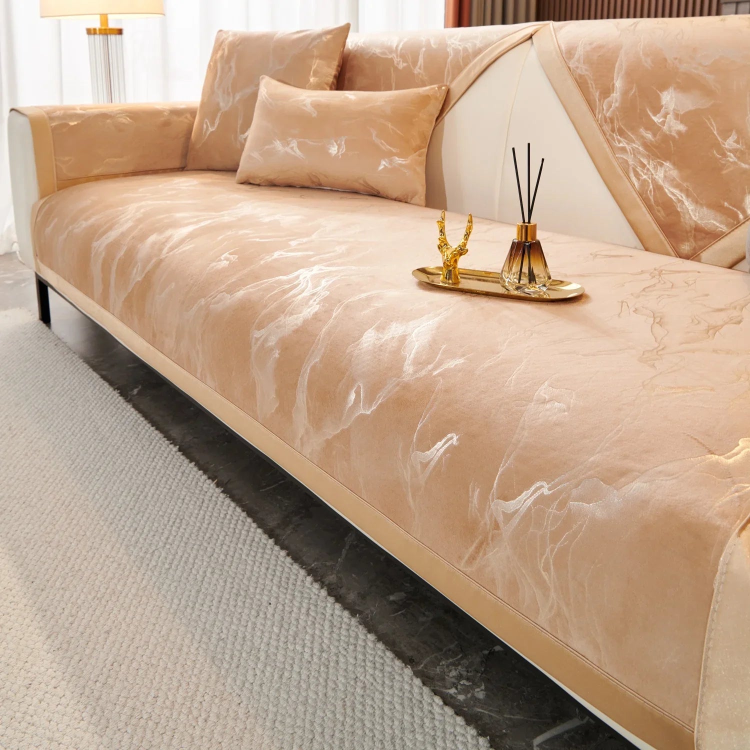 Decor Cedar Noira Marble Velvet Sofa Cover lifestyle product image for stretch sofa cover in United States - White / 110X110cm