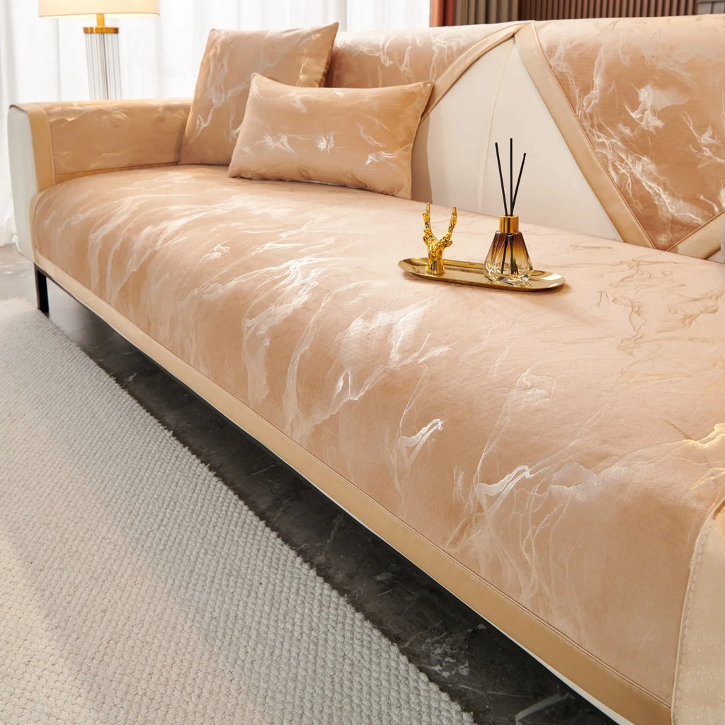 Decor Cedar Noira Marble Velvet Sofa Cover lifestyle product image for stretch sofa cover in United States - Light Gray / 90X90cm