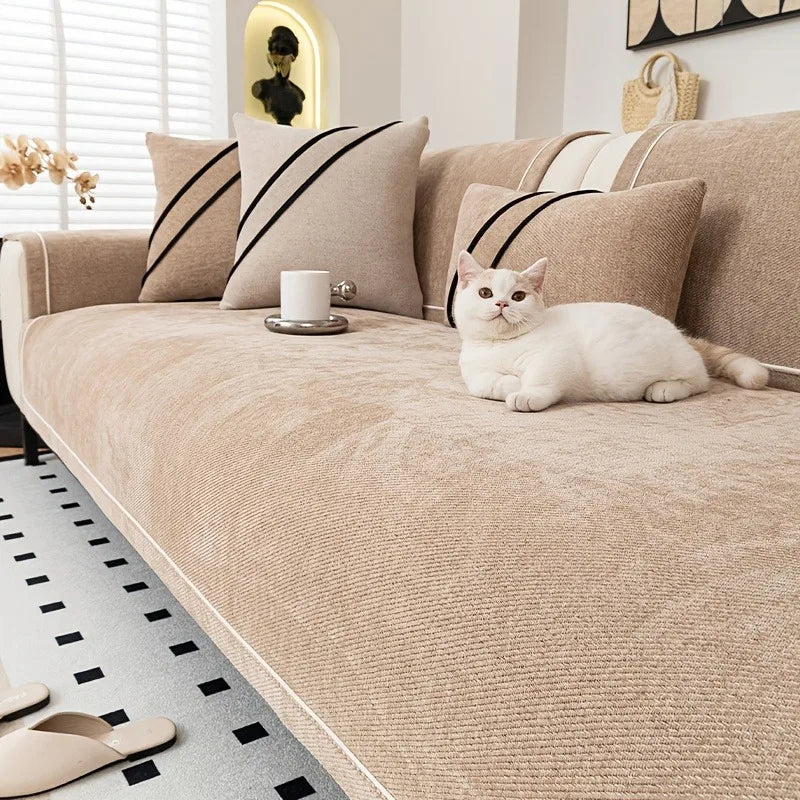 Decor Cedar Geneva Heavy Chenille Sofa Protector lifestyle product image for chenille sofa throw cover in United States - Brown / 70X240cm