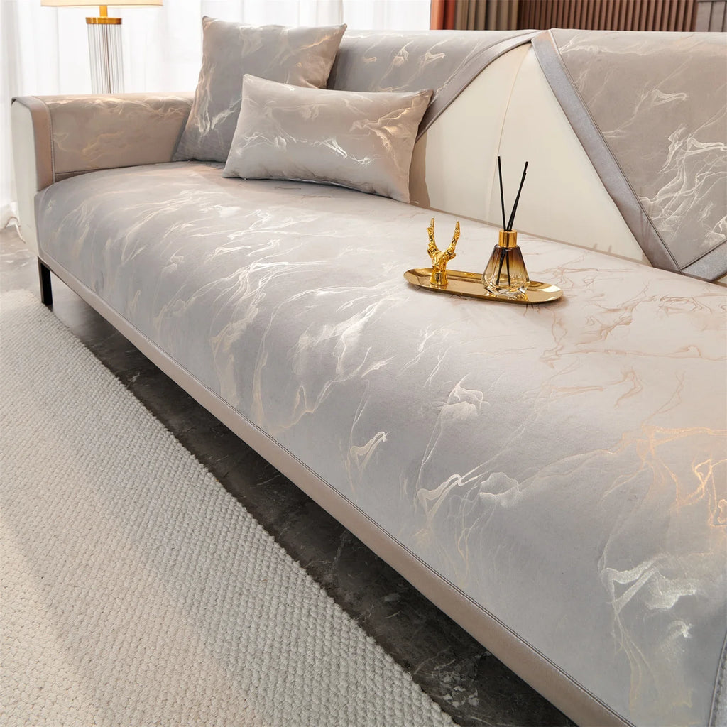 Decor Cedar Noira Marble Velvet Sofa Cover lifestyle product image for stretch sofa cover in United States - White / 110X160cm