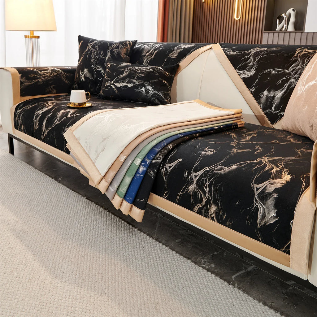 Decor Cedar Noira Marble Velvet Sofa Cover lifestyle product image for stretch sofa cover in United States - Light Gray / 70X150cm