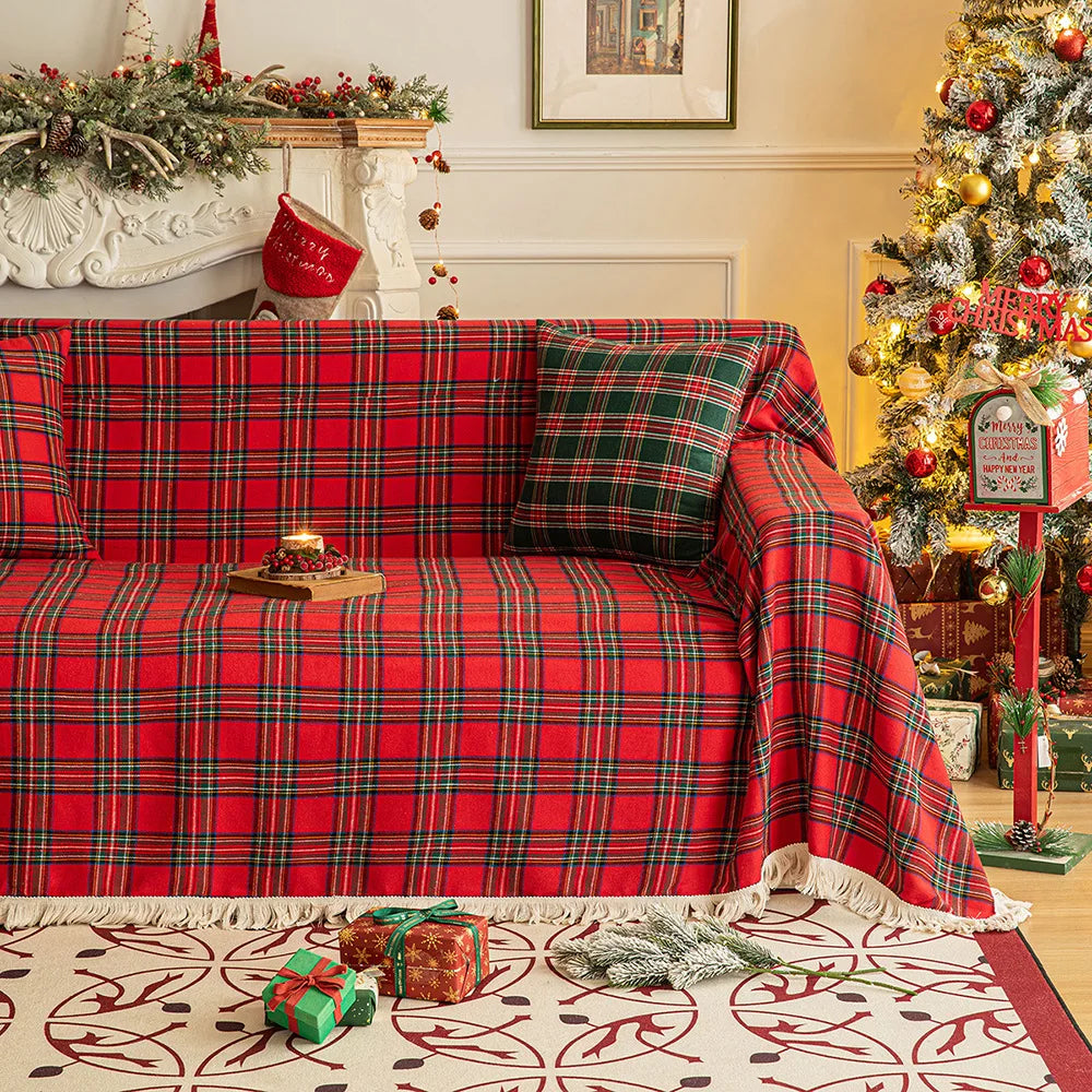 Decor Cedar Harper Plaid Sofa Cover lifestyle product image for stretch sofa cover in United States - green plaid / 180x340cm