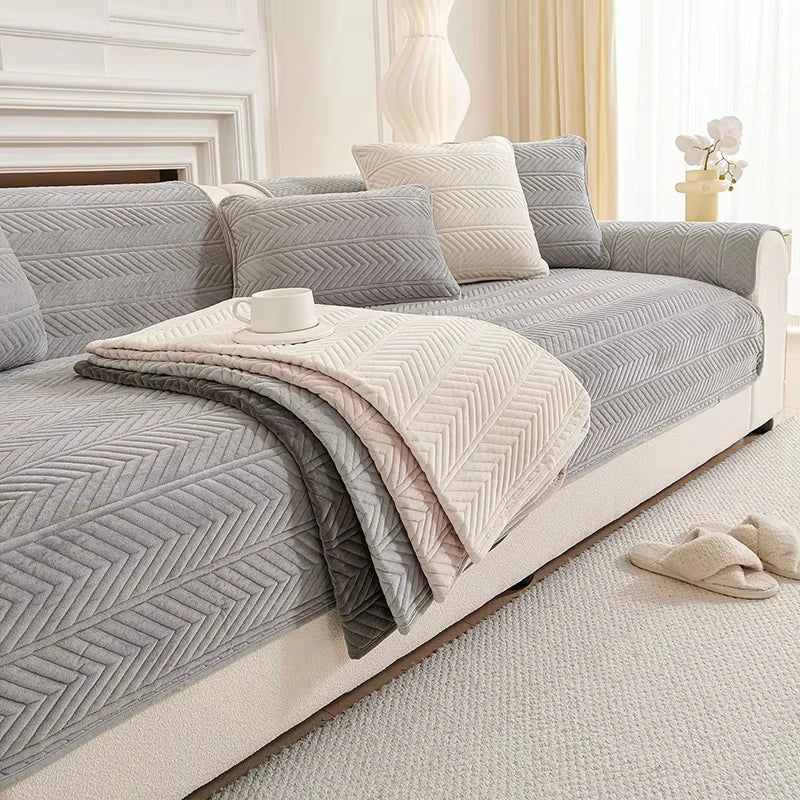 Decor Cedar Umbria Velvet Geometric Sofa Cover lifestyle product image for stretch sofa cover in United States - A4 Dark gray / D 70x210cm 1pc