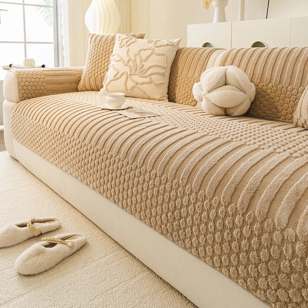 Decor Cedar Kora Geometric Fleece Sofa Cover lifestyle product image for stretch sofa cover in United States - Cream / 90x180cm