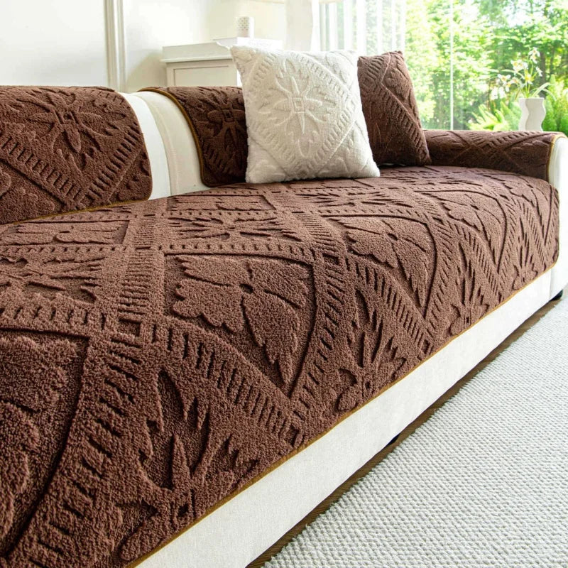 Decor Cedar Provence Plush Winter Sofa Seat Pad lifestyle product image for soft plush sofa cushion cover in United States - A4 Coffee / H 90x90cm 1pc