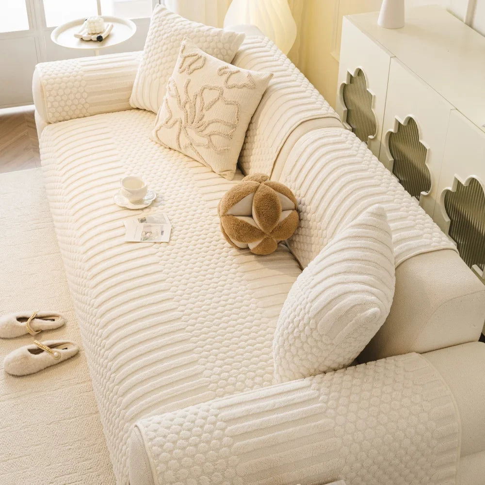 Decor Cedar Kora Geometric Fleece Sofa Cover lifestyle product image for stretch sofa cover in United States - Navy / 90x180cm