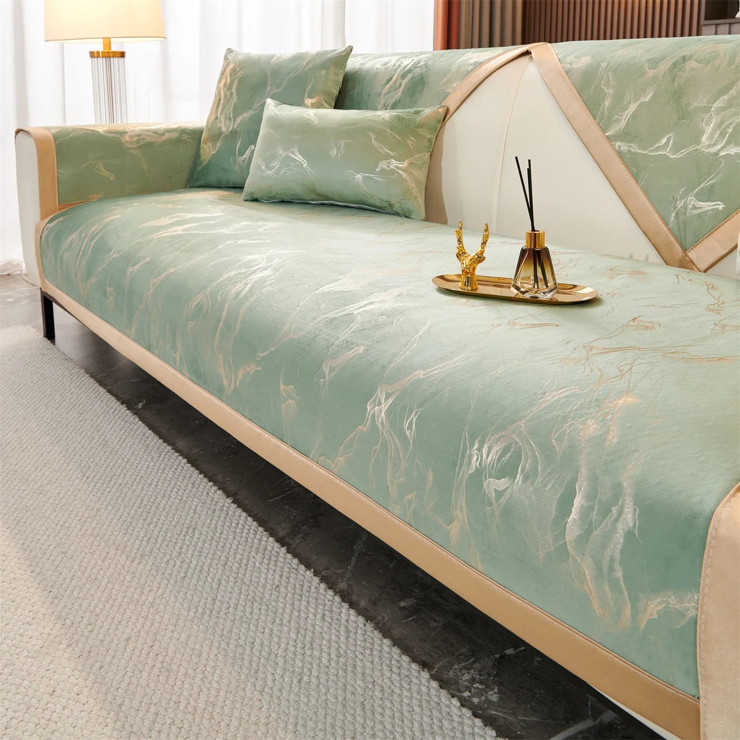 Decor Cedar Noira Marble Velvet Sofa Cover lifestyle product image for stretch sofa cover in United States - Light Green / 70X180cm