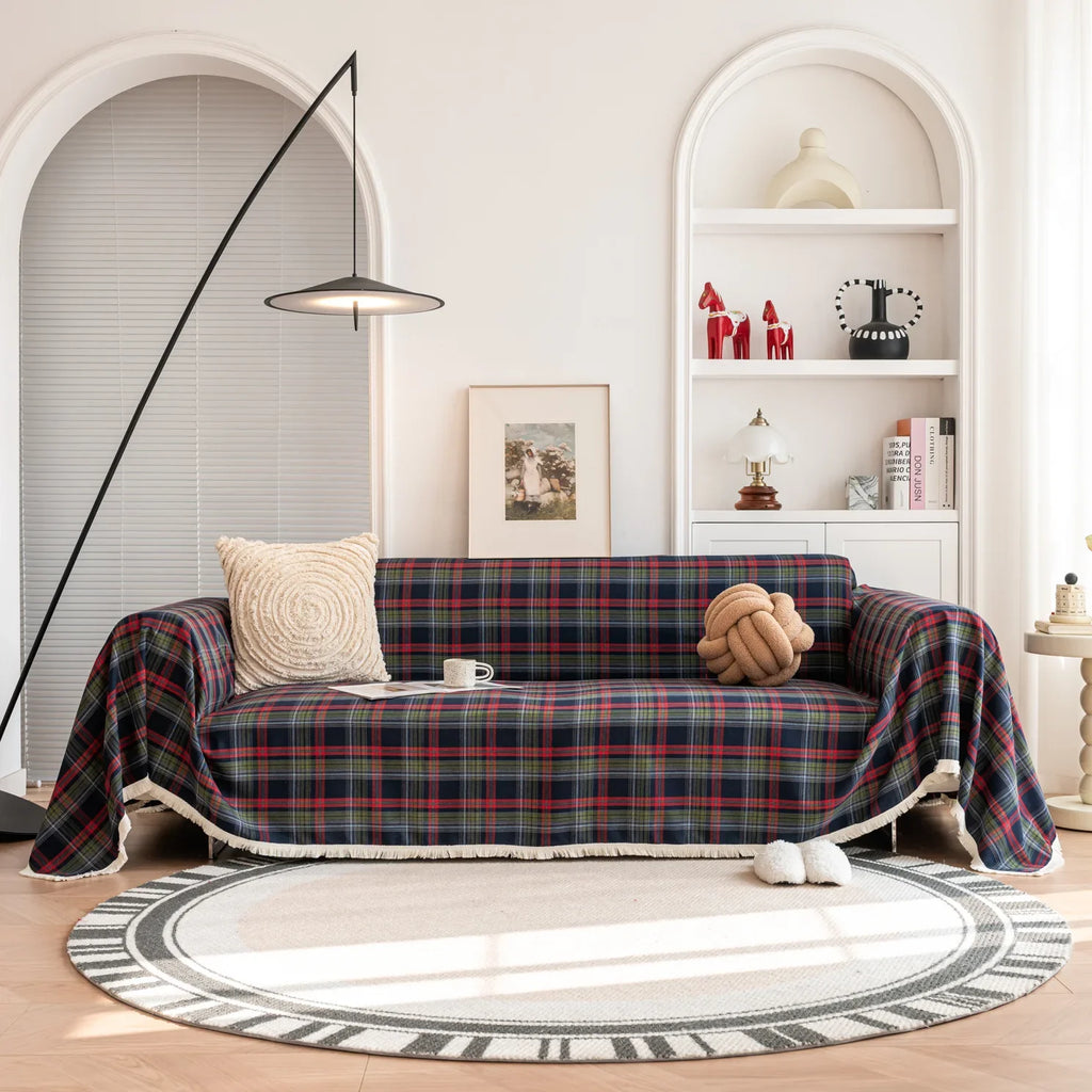Decor Cedar Harper Plaid Sofa Cover lifestyle product image for stretch sofa cover in United States - Coffee plaid / 180x380cm