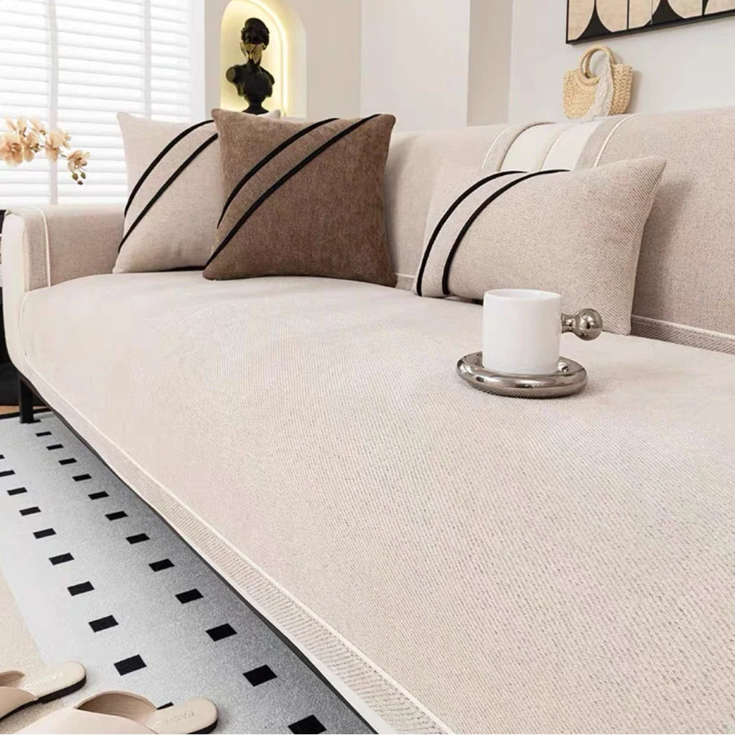 Decor Cedar Geneva Heavy Chenille Sofa Protector lifestyle product image for chenille sofa throw cover in United States - Khaki / 70x150cm