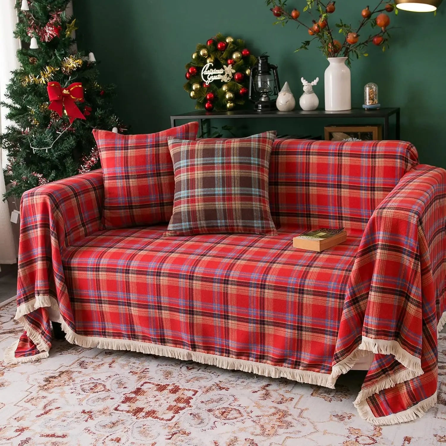 Decor Cedar Harper Plaid Sofa Cover lifestyle product image for stretch sofa cover in United States - green plaid / 180x180cm