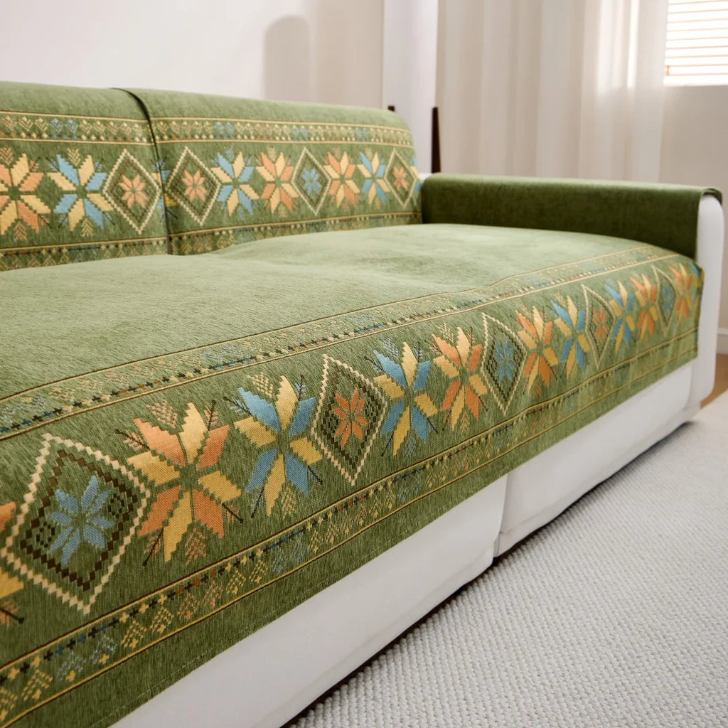 Decor Cedar Sorrento Jacquard Chenille Sofa Cover lifestyle product image for chenille sofa cover in United States - Green / 70x150cm