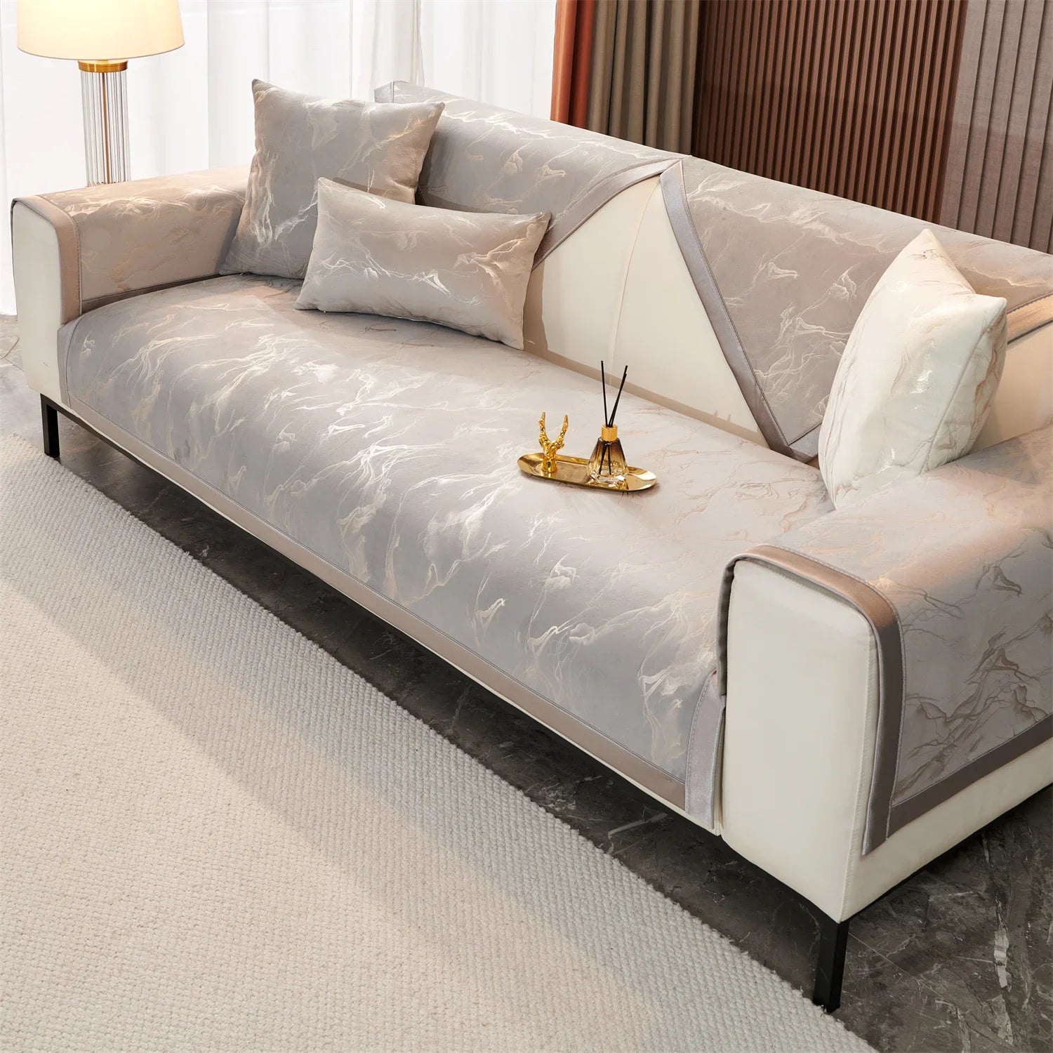 Decor Cedar Noira Marble Velvet Sofa Cover lifestyle product image for stretch sofa cover in United States - Light Gray / 70X180cm
