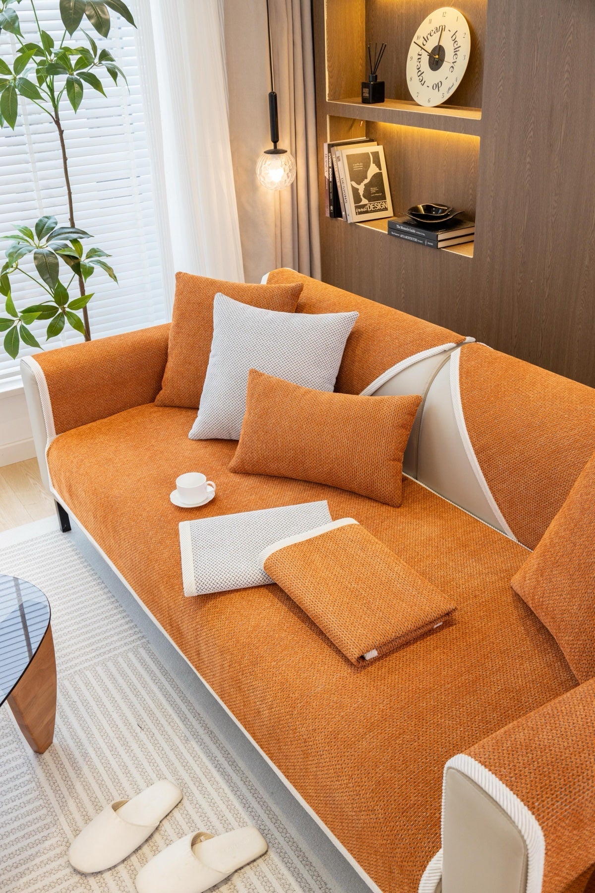 Decor Cedar Alessia Woven Chenille Sofa Seat Cover in Burnt Orange - lifestyle image for chenille sofa cover pieces in United States