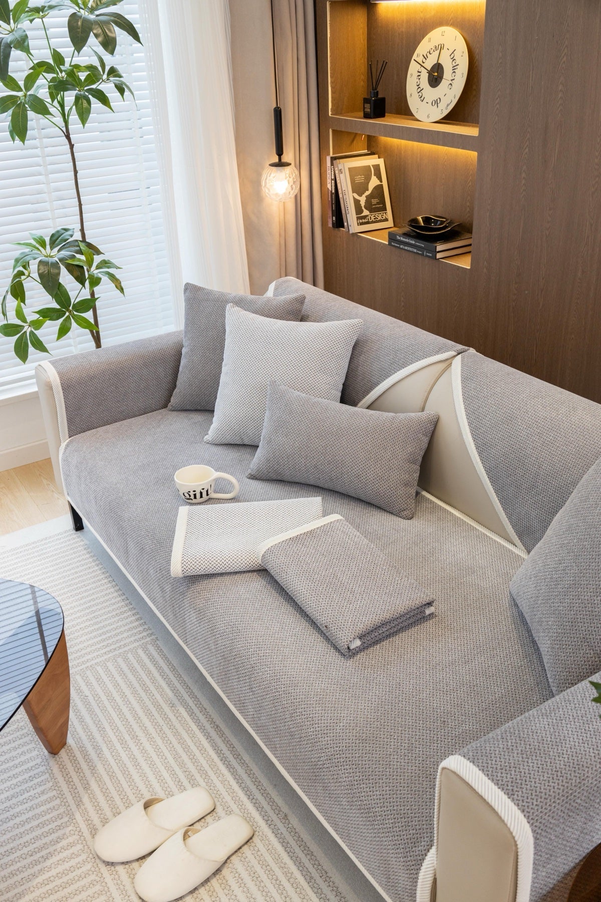 Decor Cedar Alessia Woven Chenille Sofa Seat Cover in Silver Gray - lifestyle image for chenille sofa cover pieces in United States