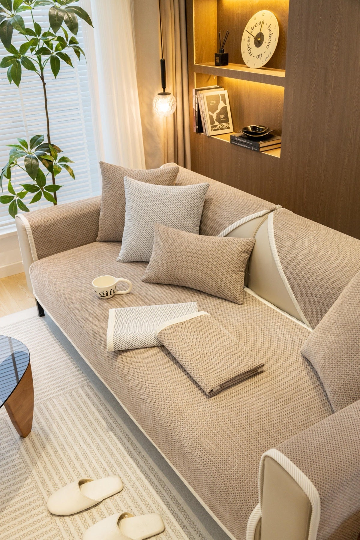 Decor Cedar Alessia Woven Chenille Sofa Seat Cover in Warm Beige - lifestyle image for chenille sofa cover pieces in United States