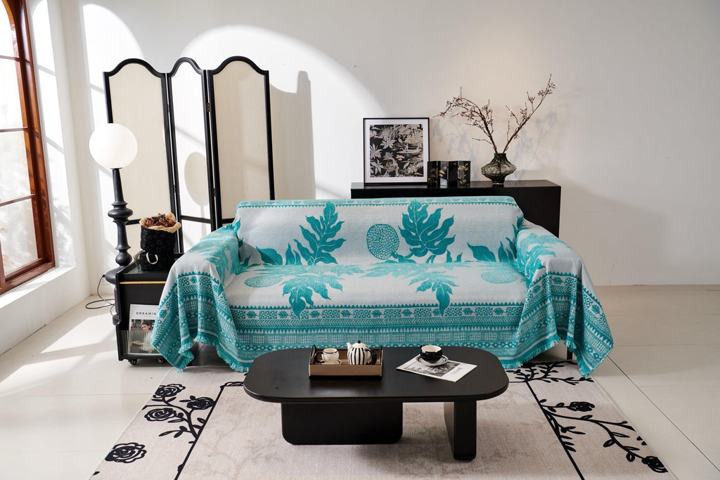 Decor Cedar Amalfi Palm Jacquard Sofa Throw Cover in Aqua Palm - palm jacquard sofa throw cover styled couch cover in United States, image 28