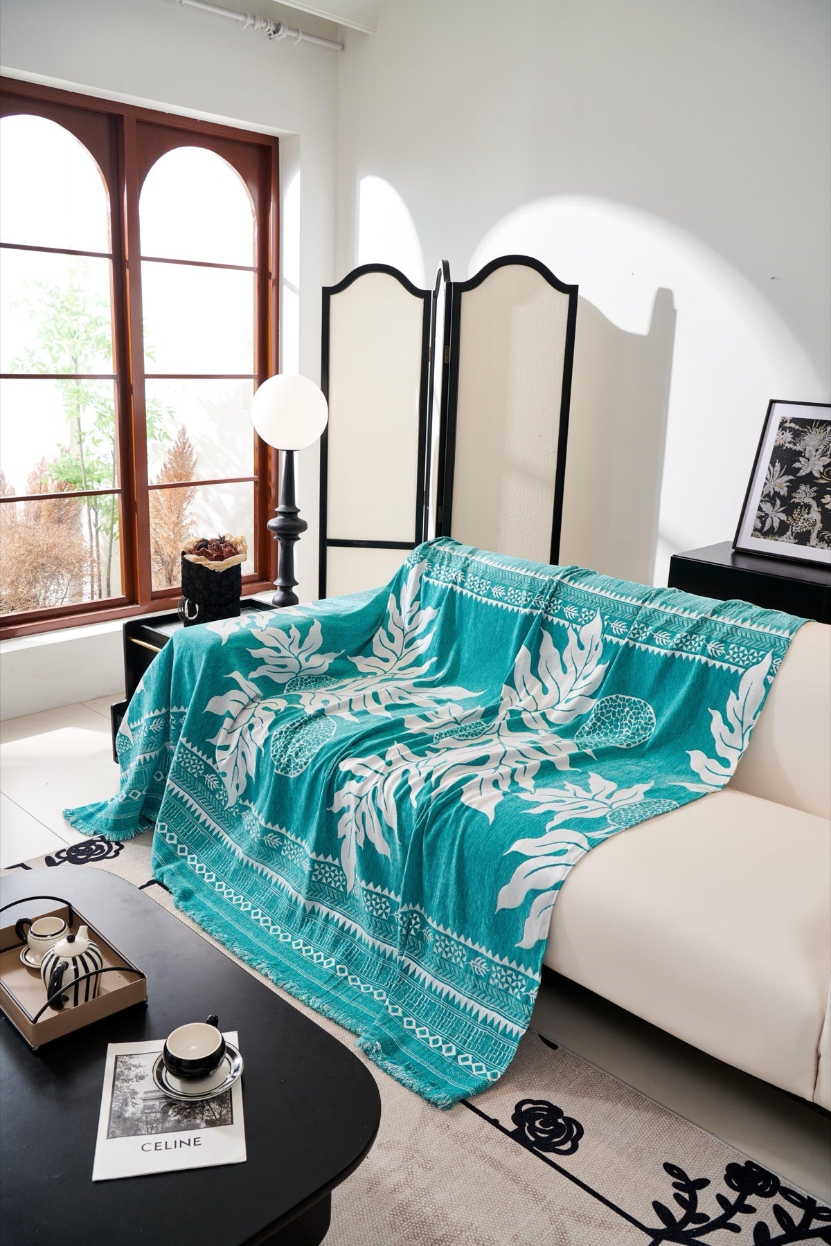 Decor Cedar Amalfi Palm Jacquard Sofa Throw Cover in Aqua Palm - palm jacquard sofa throw cover styled couch cover in United States, image 29