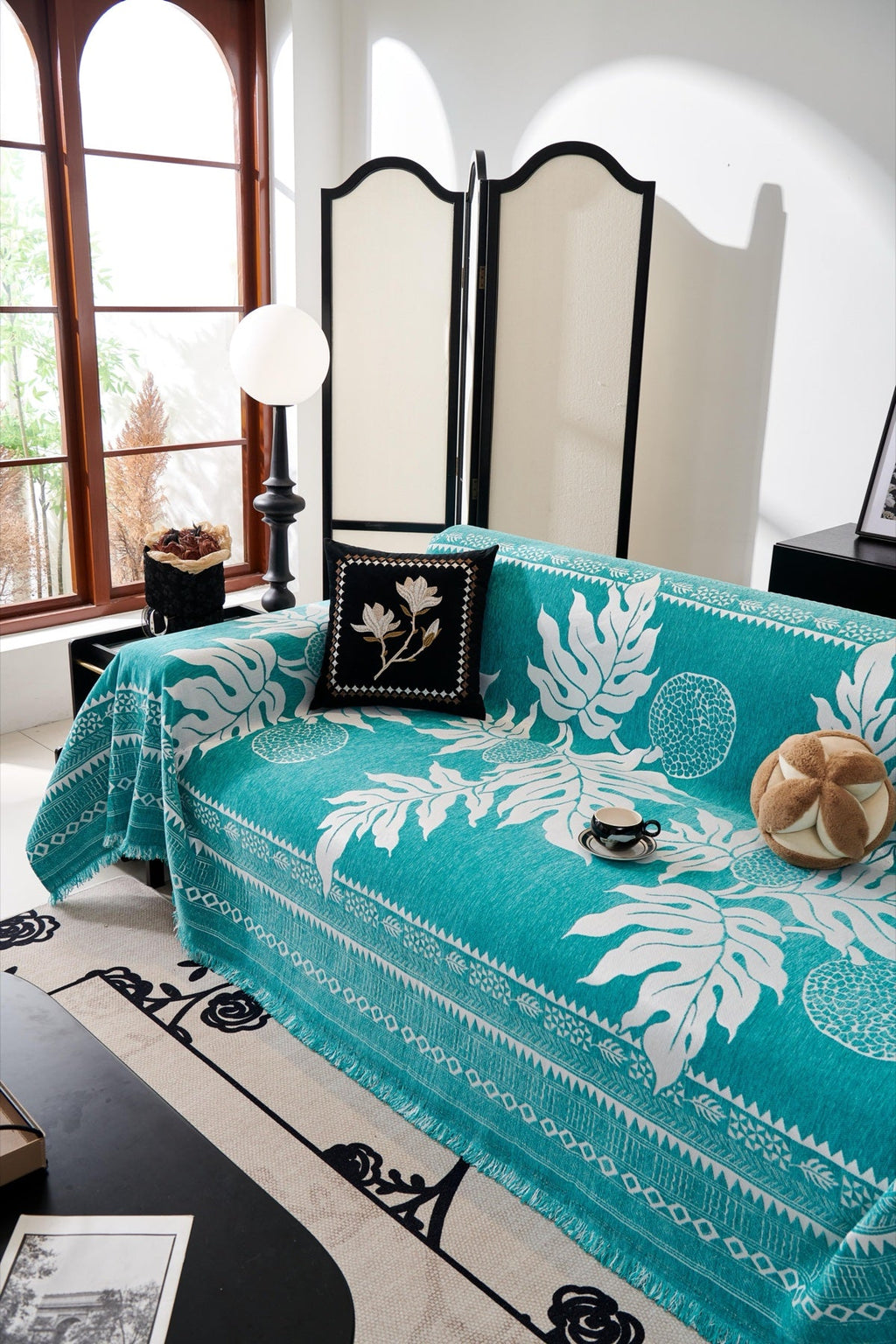 Decor Cedar Amalfi Palm Jacquard Sofa Throw Cover in Aqua Palm - palm jacquard sofa throw cover styled couch cover in United States, image 32