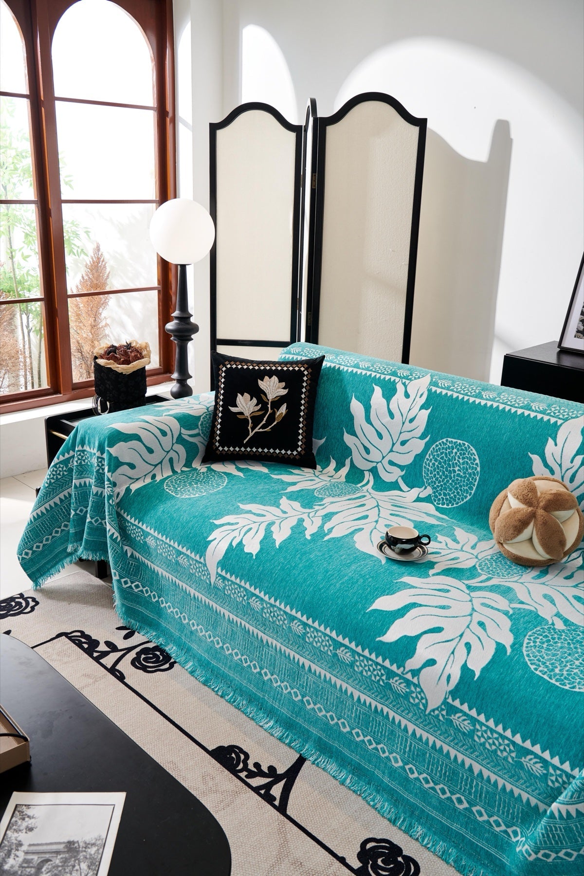 Decor Cedar Amalfi Palm Jacquard Sofa Throw Cover in Aqua Palm - palm jacquard sofa throw cover styled couch cover in United States, image 32