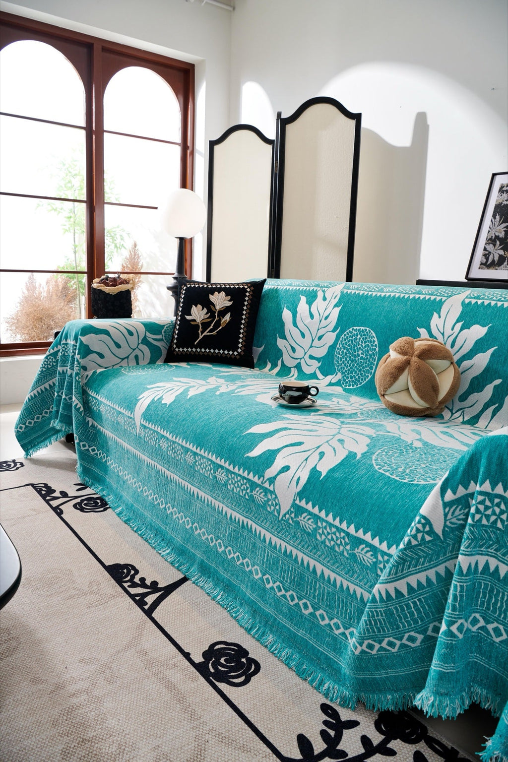 Decor Cedar Amalfi Palm Jacquard Sofa Throw Cover in Aqua Palm - palm jacquard sofa throw cover styled couch cover in United States, image 33