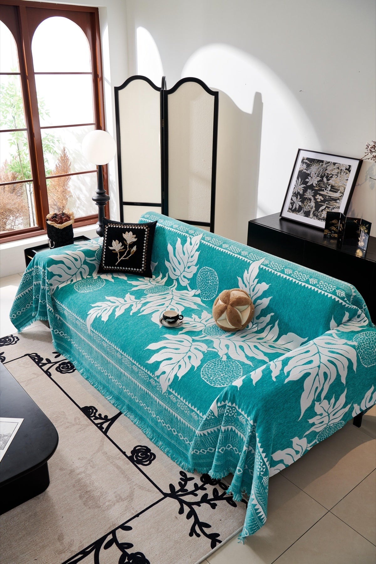 Decor Cedar Amalfi Palm Jacquard Sofa Throw Cover in Aqua Palm - palm jacquard sofa throw cover styled couch cover in United States, image 34