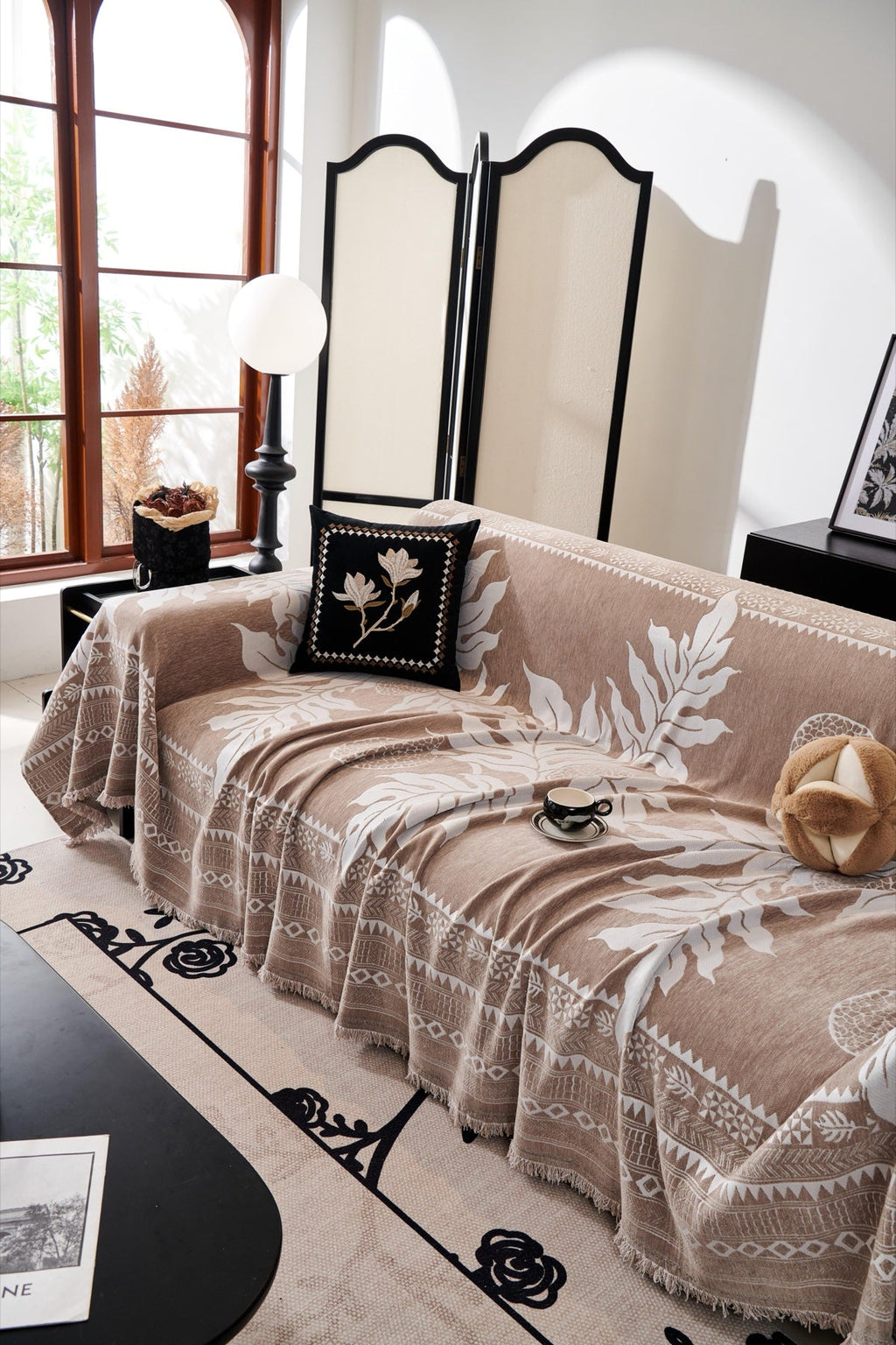 Decor Cedar Amalfi Palm Jacquard Sofa Throw Cover in Mocha Palm - palm jacquard sofa throw cover styled couch cover in United States, image 17