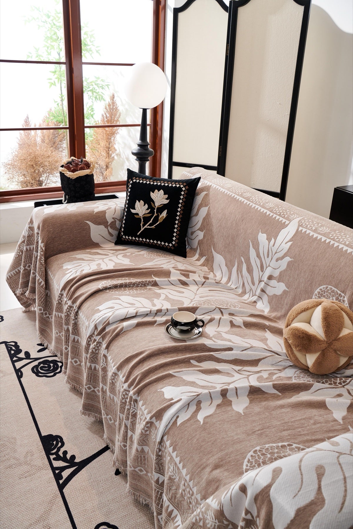 Decor Cedar Amalfi Palm Jacquard Sofa Throw Cover in Mocha Palm - palm jacquard sofa throw cover styled couch cover in United States, image 19