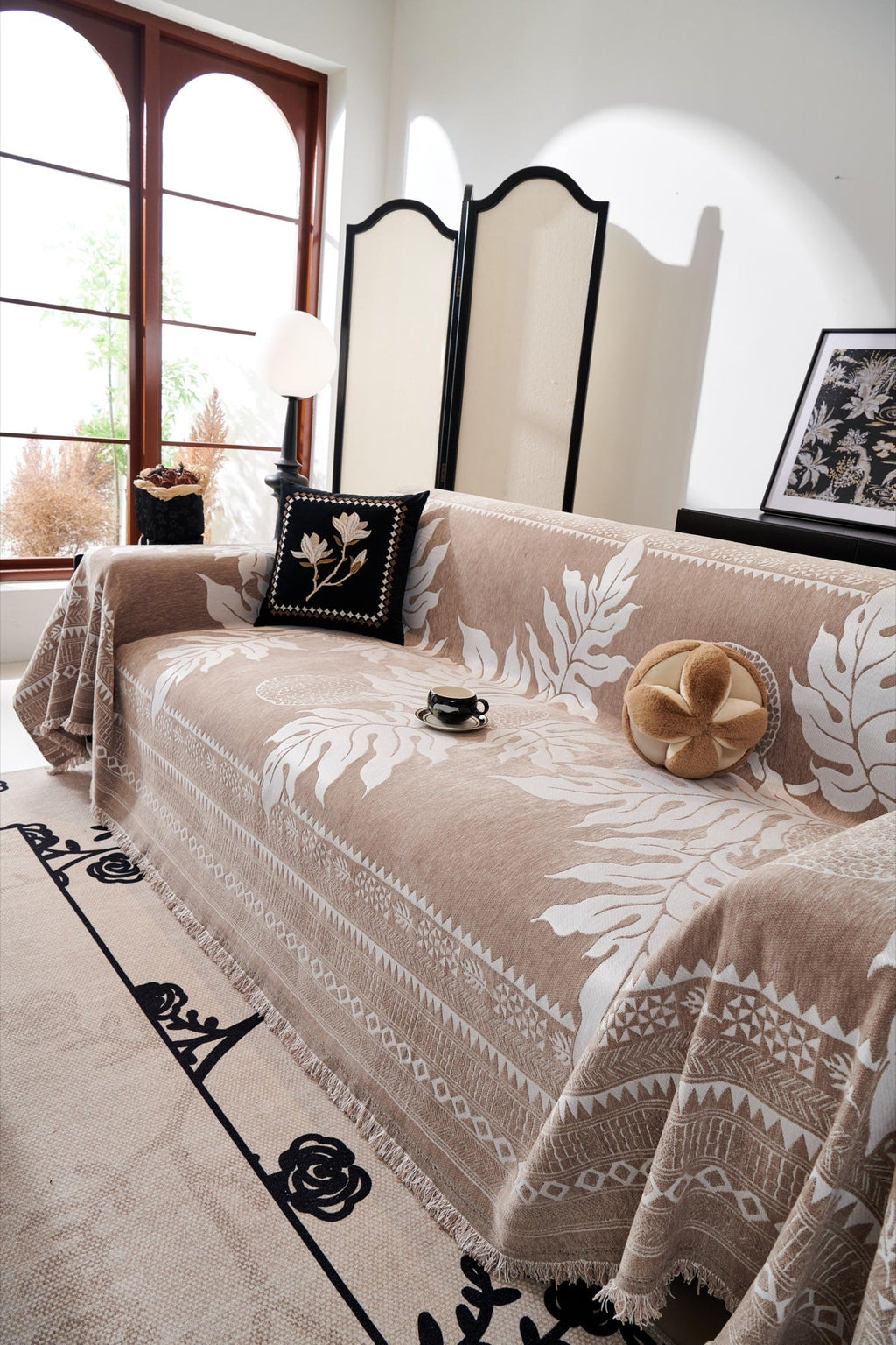 Decor Cedar Amalfi Palm Jacquard Sofa Throw Cover in Mocha Palm - palm jacquard sofa throw cover styled couch cover in United States, image 24